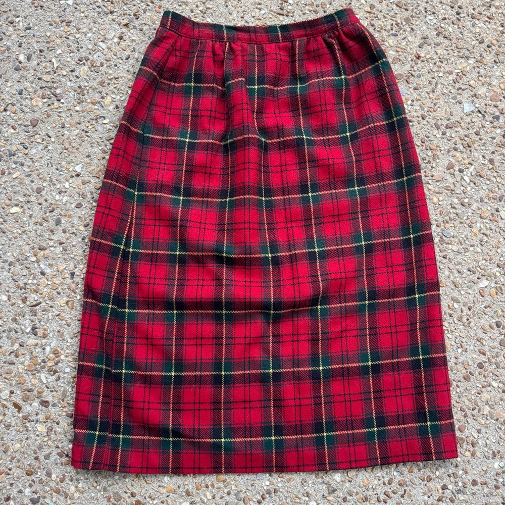 VTG Red Plaid Wool Blend Neil Martin Midi Skirt Size 10